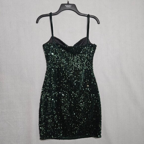 The Christmas Party Dress Green Velour Sequined Stretch Sz Medium Mini Coctail - Picture 3 of 7